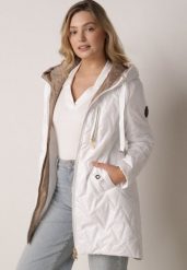 Biała Pikowana Kurtka Przejściowa Parka z Kapturem o Długim Kroju z Ozdobą Isaline. Białe parki damskie Born2be, l, z aplikacjami, z dresówki, klasyczne, z kapturem. Za 149.99 zł.