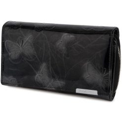 Damski Skórzany Portfel Duży Lakierowany Suwak Motyle Skóra Rfid Black 827. Czarne portfele damskie bez wzorów, z lakierowanej skóry. Za 97.99 zł.