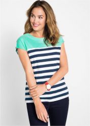 T-shirt z przędzy mieszankowej, krótki rękaw. Zielone t-shirty damskie bonprix, bez wzorów, eleganckie, bez kołnierzyka. Za 49.99 zł.