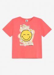 T-shirt z czystej bawełny, ze Smiley. Czerwone t-shirty i topy dla dziewczynek bonprix, bez wzorów, z bawełny, bez ramiączek. Za 64.99 zł.