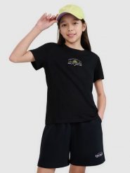 4F T-shirt regular z nadrukiem dziewczęcy - czarny 146 (10-11 lat). Czarne t-shirty i topy dla dziewczynek 4f, bez wzorów, z bawełny, bez ramiączek. W wyprzedaży za 19.99 zł.
