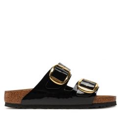 Klapki Birkenstock. Czarne klapki damskie Birkenstock, bez wzorów, bez obcasa. Za 539.99 zł.
