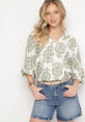 Biało-Zielona Koszula z Wiskozą i Geometrycznym Wzorem Tanovianna. Zielone bluzki damskie Born2be, l, bez wzorów, z jeansu, eleganckie, bez kołnierzyka, bez ramiączek. Za 84.99 zł.