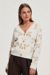Kardigan w kwiaty beżowy. Brązowe kardigany damskie MOODO, xs, bez wzorów, z poliamidu, bez kołnierzyka, bez ramiączek, bez kaptura. Za 149.99 zł.
