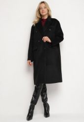 Czarny Płaszcz o Dwurzędowym Kroju z Kieszeniami Sileti. Czarne płaszcze damskie Born2be, l, bez wzorów, z jeansu, eleganckie, bez kaptura. Za 149.99 zł.