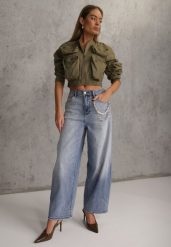 Niebieskie Szerokie Jeansy High Waist z Łańcuchem Kassania. Niebieskie jeansy damskie Renee, z podwyższonym stanem. Za 119.99 zł.