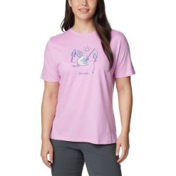 Koszulka damska Columbia Bluebird Day Relaxed Crew Neck z krótkim rękawem. Czerwone koszulki sportowe damskie Columbia, xs, bez wzorów, z bawełny, sportowe, bez kołnierzyka. Za 158.00 zł.