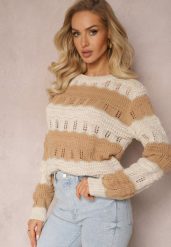 Beżowy Sweter Ozdobiony Ażurowymi Wycięciami i Połyskującą Nitką Casiena. Brązowe swetry damskie Renee, z aplikacjami, z dzianiny, casualowe, bez kołnierzyka, bez ramiączek, bez kaptura. Za 84.99 zł.