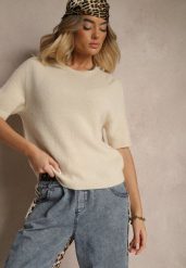 Beżowy Sweter o Fasonie T-shirtu z Wełną Dannirae. Brązowe swetry damskie Renee, bez wzorów, z jeansu, casualowe, bez kołnierzyka, bez ramiączek, krótkie, bez kaptura. Za 129.99 zł.