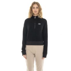 Bluza z zamek błyskawiczny na co dzień na siłownię. Czarne bluzy damskie LEONE 1947 APPAREL, bez wzorów, z elastanu, bez kaptura, na fitness i siłownię. W wyprzedaży za 164.19 zł.