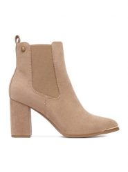 DeeZee Botki HX22069A-3 Beżowy. Brązowe botki damskie DeeZee, z materiału, bez obcasa, na słupku, bez zapięcia. Za 199.99 zł.