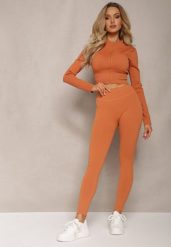 Pomarańczowe Prążkowane Legginsy z Wysokim Stanem Amokka. Brązowe legginsy damskie Renee, s, bez wzorów, z jeansu. Za 44.99 zł.