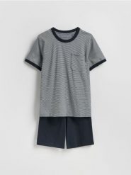 Dwuczęściowa piżama w paski - granatowy. Niebieskie piżamy męskie Reserved, l, bez wzorów, z bawełny, bez ramiączek. Za 89.99 zł.