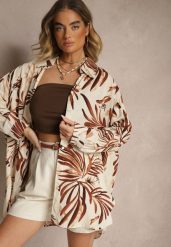 Beżowo-Brązowa Wiskozowa Koszula z Lnem Ozdobiona Abstrakcyjnym Wzorem Sepanirre. Brązowe bluzki damskie Renee, bez wzorów, z jeansu, eleganckie, bez kołnierzyka, bez ramiączek. Za 54.99 zł.