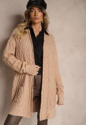 Ciemnobeżowy Kardigan Nierozpinany o Długim Kroju Ozdobiony Tłoczeniem Vailithe. Brązowe kardigany damskie Renee, s, z aplikacjami, z jeansu, eleganckie, bez kołnierzyka, bez ramiączek, długie, bez kaptura. Za 139.99 zł.