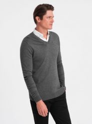 Sweter męski z dekoltem "w serek" z koszulowym kołnierzykiem - grafitowy V3 OM-SWSW-0102 - XXL. Szare swetry przez głowę męskie Ombre Clothing, l, bez wzorów, z bawełny, bez kołnierzyka. W wyprzedaży za 69.99 zł.