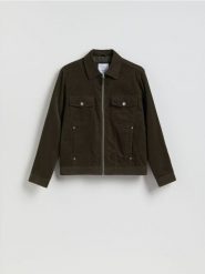 Sztruksowa kurtka z kołnierzem - ciemnozielony. Zielone kurtki męskie Reserved, l, bez wzorów, z bawełny, bez kaptura. Za 179.99 zł.