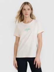 4F T-shirt regular z nadrukiem damski - biały M. Białe koszulki sportowe damskie 4f, m, bez wzorów, z bawełny, bez kołnierzyka, bez ramiączek. W wyprzedaży za 39.99 zł.