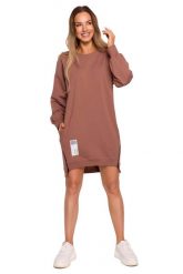 Przedłużona Bluza z Ozdobnymi Suwakami - Czekoladowa. Brązowe bluzki damskie MOE, l, bez wzorów, z bawełny, bez kaptura. Za 308.90 zł.