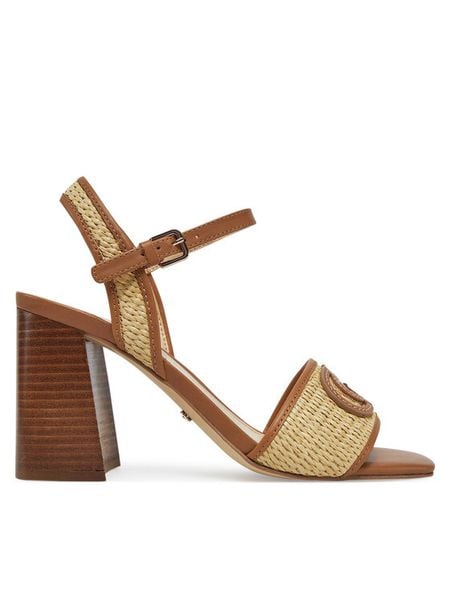 Guess Sandały FLJGNK FAB03 Beżowy. Brązowe sandały damskie Guess, z aplikacjami, ze skóry, bez obcasa, na słupku, bez zapięcia. Za 369.99 zł.