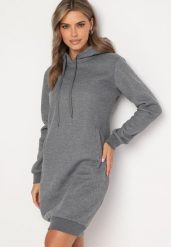 Ciemnoszara Tunika Bluza z Bawełną Kapturem i Sznurkami Mivilora. Szare bluzy damskie Born2be, l, bez wzorów, z bawełny, biznesowe, bez kołnierzyka, bez ramiączek. Za 69.99 zł.