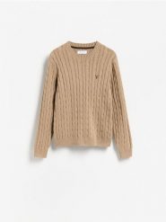 Sweter z haftem - beżowy. Brązowe swetry przez głowę męskie Reserved, l, bez wzorów, z bawełny, bez kołnierzyka. Za 149.99 zł.