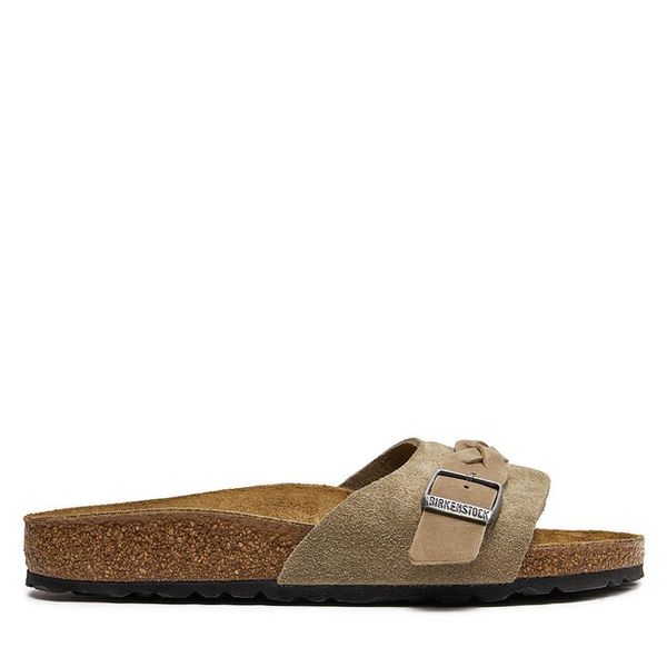 Klapki Birkenstock. Brązowe klapki damskie Birkenstock, bez wzorów, bez obcasa. Za 492.99 zł.