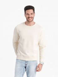 Bluza męska dresowa BASIC z okrągłym dekoltem - kremowa V11. Białe bluzy męskie Ombre Clothing, m, bez wzorów, z bawełny, bez kaptura. Za 145.99 zł.