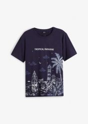 T-shirt z czystej bawełny. Niebieskie t-shirty męskie bonprix, m, bez wzorów, z bawełny, bez kołnierzyka. Za 34.99 zł.