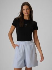 4F T-shirt slim gładki damski - czarny XXL. Czarne koszulki sportowe damskie 4f, xxl, bez wzorów, z materiału, bez kołnierzyka, bez ramiączek, na fitness i siłownię. Za 49.99 zł.
