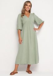 Ciemnozielona Rozkloszowana Bawełniana Sukienka Boho z Wiązaniem i Gumką w Talii Lawla. Zielone sukienki dla dziewczynek Born2be, bez wzorów, z bawełny, boho, bez ramiączek. Za 159.99 zł.