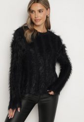 Czarny Sweter z Dłuższym Włosiem z Domieszką Wełny Liashira. Czarne swetry damskie Born2be, bez wzorów, z jeansu, eleganckie, bez kołnierzyka, bez ramiączek, długie, bez kaptura. Za 89.99 zł.
