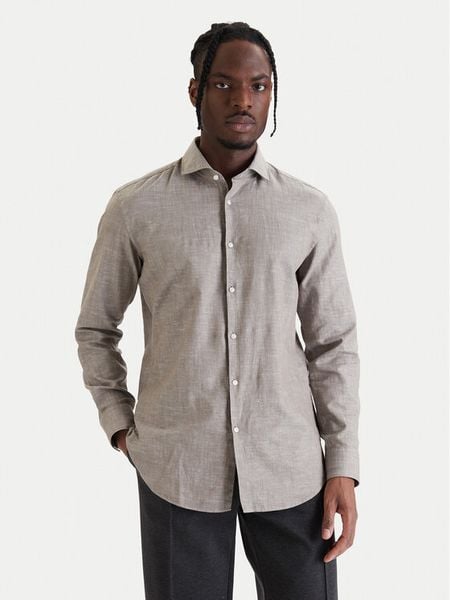 HUGO Koszula Kason 50539775 Beżowy Slim Fit. Brązowe koszule męskie Hugo, m, bez wzorów, z bawełny, bez kołnierzyka, bez ramiączek. Za 343.99 zł.