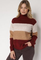 Bordowy Golf Oversize w Szerokie Pasy z Domieszką Kaszmiru Nellemia. Czerwone swetry damskie Born2be, uniwersalny, bez wzorów, z dzianiny, bez kołnierzyka, bez ramiączek, bez kaptura. Za 129.99 zł.