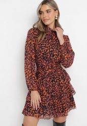 Pomarańczowa Rozkloszowana Sukienka Mini w Modny Print Ozdobiona Brokatem Ifigentta. Brązowe sukienki damskie Born2be, na imprezę, l, bez wzorów, bez kołnierzyka, bez ramiączek, mini, rozkloszowane. Za 169.99 zł.