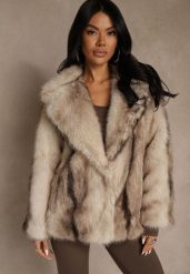 Szara Jednorzędowa Kurtka Futerko z Szerokim Kołnierzem Tesandra. Szare kurtki damskie Renee, l, bez wzorów, z futra, bez kaptura. Za 259.99 zł.