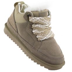 Skórzane botki damskie ocieplane sneakersy z futerkiem beżowe Vinceza 97963. Brązowe botki damskie VINCEZA, ze skóry, bez obcasa, bez zapięcia. Za 199.99 zł.