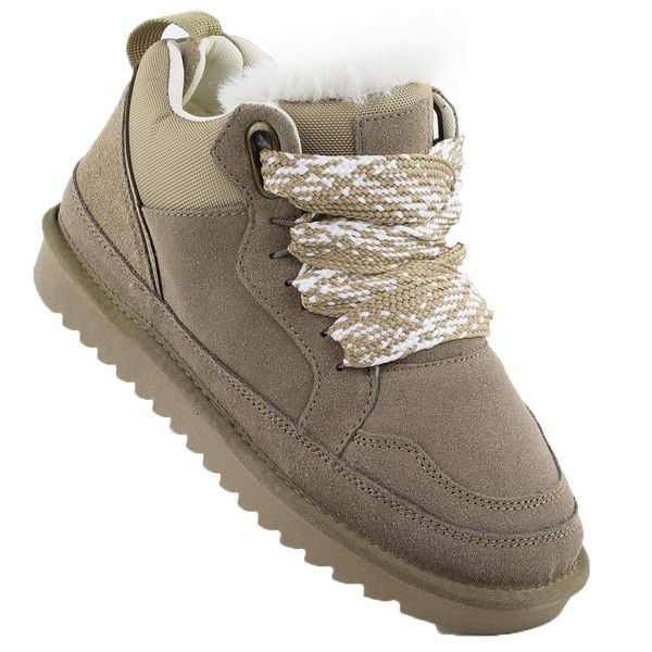 Skórzane botki damskie ocieplane sneakersy z futerkiem beżowe Vinceza 97963. Brązowe botki damskie VINCEZA, ze skóry, bez obcasa, bez zapięcia. Za 199.99 zł.
