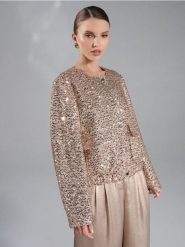 Żakiet z połyskującymi cekinami - złoty. Żółte żakiety damskie Sinsay, l, bez wzorów. Za 69.99 zł.