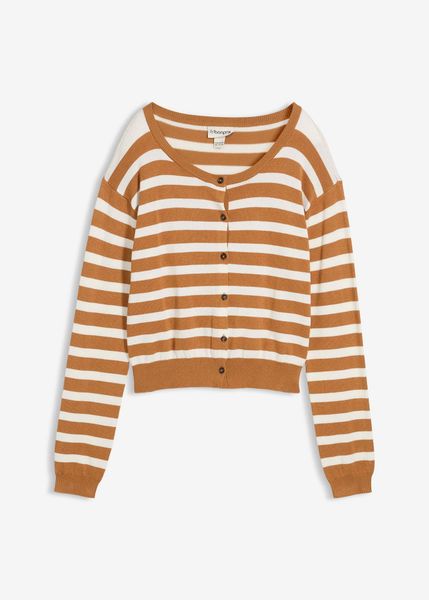 Sweter rozpinany z dzianiny o splocie drobnych oczek z miękkiej mieszanki wiskozy. Brązowe swetry dla dziewczynek bonprix, bez wzorów, z dzianiny, bez kołnierzyka, bez ramiączek, krótkie, bez kaptura. Za 79.99 zł.