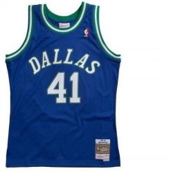 Koszulka NBA Dallas Mavericks Swingman Dirk Nowitzki. Niebieskie koszulki sportowe męskie Mitchell & Ness, bez wzorów, bez kołnierzyka, bez ramiączek, do koszykówki. Za 445.50 zł.