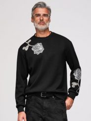 Bluza męska z aplikacjami w kształcie róży ze srebrnych cekinów i koralików z okrągłym dekoltem - czarna V1 - Rozmiar: XL. Czarne bluzy męskie Ombre Clothing, m, z aplikacjami, z denimu, bez kaptura. Za 469.99 zł.