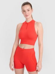 4F Crop-top treningowy slim bezszwowy damski - czerwony M/L. Czerwone koszulki sportowe damskie 4f, l, bez wzorów, z dzianiny, bez kołnierzyka, bez ramiączek, do biegania. W wyprzedaży za 59.99 zł.