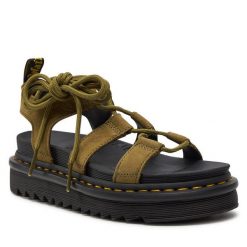 Sandały Dr. Martens. Brązowe klapki damskie Dr. Martens, bez wzorów, bez obcasa, na płaskiej podeszwie, bez zapięcia. Za 489.99 zł.
