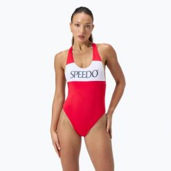 Strój pływacki jednoczęściowy damski Speedo Colourblock Racerback. Czerwone kostiumy jednoczęściowe damskie Speedo, xl, bez wzorów, sportowe, do pływania. Za 129.99 zł.