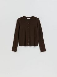 Kardigan z dodatkiem modalu - ciemnobrązowy. Brązowe kardigany damskie Reserved, l, bez wzorów, z dzianiny. Za 119.99 zł.