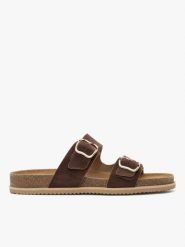 Bordowe klapki z dwoma paskami. Czerwone klapki damskie Ryłko, bez wzorów, z jeansu, eleganckie, bez obcasa, na płaskiej podeszwie. Za 379.99 zł.