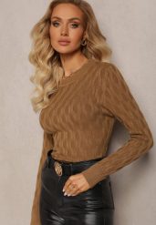 Brązowy Sweter z Okrągłym Dekoltem i Tłoczeniami w Kształcie Liści Timaphone. Brązowe swetry damskie Renee, z aplikacjami, casualowe, bez kołnierzyka, bez ramiączek, bez kaptura. Za 54.99 zł.
