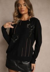 Czarny Sweter z Cyrkoniowymi Sercami Unorevia. Czarne swetry damskie Renee, l, bez wzorów, z jeansu, casualowe, bez kołnierzyka, bez ramiączek, bez kaptura. Za 79.99 zł.
