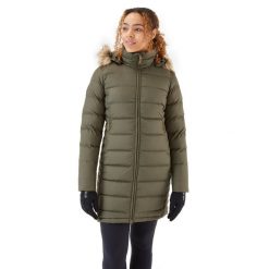 Płaszcz puchowy damski Rab Deep Cover Down Parka z kapturem. Zielone parki damskie RAB, bez wzorów, z puchu, z kapturem. Za 799.99 zł.